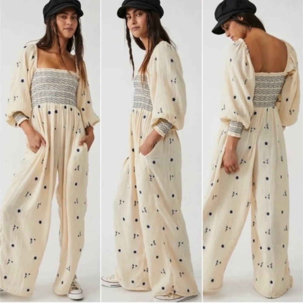 Free People Dahlia Smocked Jumpsuit In Washed Out Size Small
